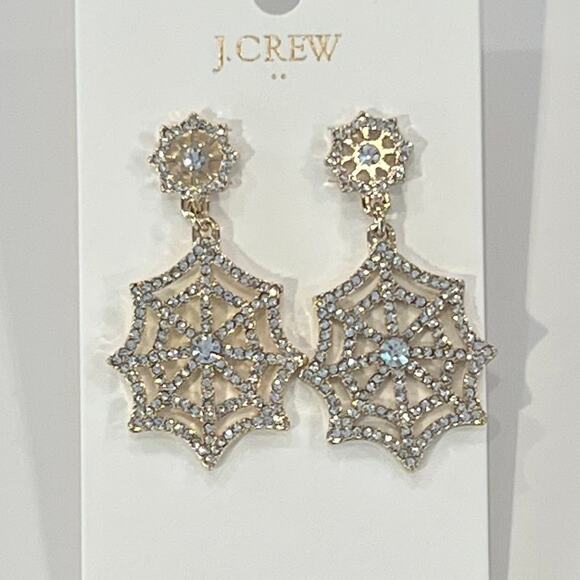 NWT J. Crew Gold Halloween Pavé Crystals Spiderweb Statement Earrings - Picture 2 of 6